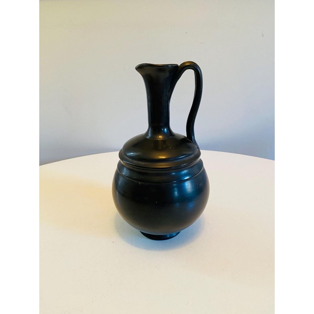 Vintage Lama Oaxaca Mexico Black Clay Pitcher Mexican Art Pottery Signed Pottery